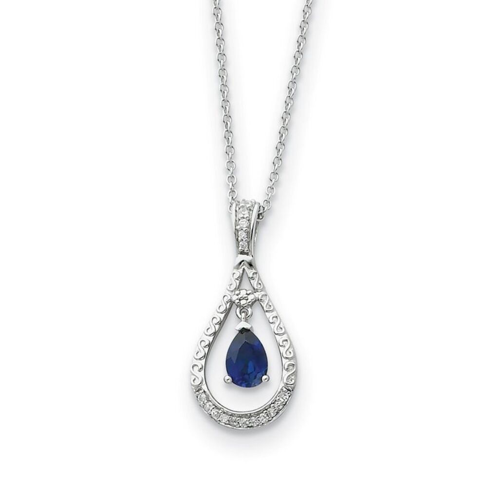 Rhodium Sterling Silver Sept. CZ & Cr. Sapphire Never Forget Necklace